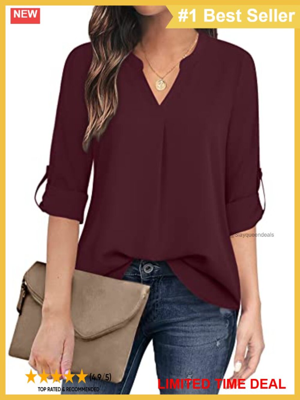 Women's Chiffon V Neck 3/4 Sleeve Blouse Pleated Front Wrinkle Free Office Top